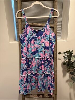 Lilly Pulitzer Navy Floral Tiered Sundress with Pink and Aqua Flowers